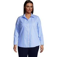 Lands' End Women Shirts Lands' End Womens LS No Iron Button Front Shirt Chicory Blue Stripe Petite