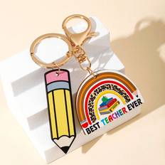 Shein New Arrival Lovely Rainbow Wood Tag Diy Teacher Letter Keychain With Colorful Tassel, Ideal Creative Gift Apple, Pen, Book Lovers To