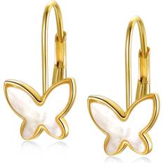 Gold Earrings Rachel Glauber 14k Yellow Gold With Mother Of Pearl Butterfly Inlay Dangle Drop Leverback Earrings