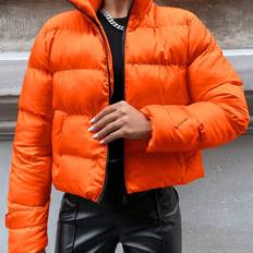 Orange - Women Coats Shein Zip Up Slant Pocket Puffer Coat