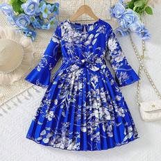 Shein Young Girl Floral Print Belted Bell Sleeve Dress