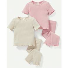 Pink Other Sets Shein Baby Girls' Plain Round Neck Scallop Hem Short Sleeve Top And Long Pants 4pcs Set