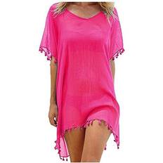 Pink - Women Swimsuit Cover-Ups & Sarong Wraps Women's Chiffon Beach Swim Cover-up with Tassels HOT PINK