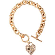 Guess Bracelets Guess Goldtone Dangle Logo Heart Charm Chain Toggle Bracelet