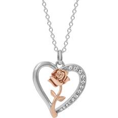 Disney Necklaces Disney Princess Beauty and the Beast Two Tone Necklace, Belle Rose Crystal Heart Pendant, 18"