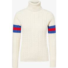 Gucci Women Jumpers Gucci Womens Ivory Blue Red Cable-knit Turtleneck Wool and Cashmere-knit Jumper