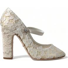 Hvid Sandaler med hæl Dolce & Gabbana White Lace Crystals Heels Sandals Shoes EU40/US9.5