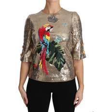 Dolce & Gabbana Gold Blouses Dolce & Gabbana Gold Sequined Parrot Crystal Blouse IT36