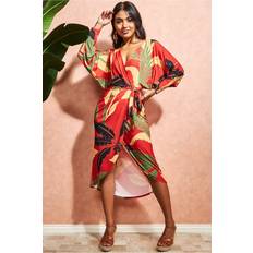 Long Dresses - Orange Goddiva Printed Batwing Wrap Midi Dress Orange