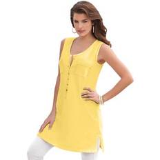 Yellow Tank Tops Roaman's Plus Button-Front Henley Ultimate Tunic Tank by in Lemon Mist Size 5X Top 100% Cotton Sleeveless Shirt