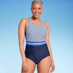 Lands' End XL Swimwear Lands' End Women's UPF Full Coverage Geo Border Print High Neck Tugless One Piece Swimsuit Blue