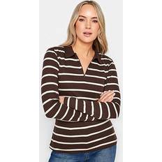 Brown - Women Polo Shirts LTS Tall Brown Stripe Print Polo Collar Top Tall Women's Long Sleeve Tops