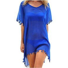 Blue Swimsuit Cover-Ups & Sarong Wraps Women's Chiffon Beach Swim Cover-up with Tassels BLUE