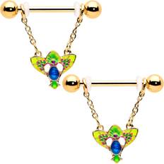 Women Body Chains Body Candy Gauge 9/16 Blue Gem Gold Hue Tropic Fan Chain Dangle Nipple Ring Set