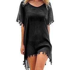 Swimsuit Cover-Ups & Sarong Wraps Women's Chiffon Beach Swim Cover-up with Tassels BLACK