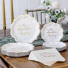 Engagements Party Supplies Kate Aspen The Adventure Begins 72 Piece Classic & Elegant Paper Party Tableware Set 24 Guests Party Supplies, Wedding Decor for Bridal Showers, Engagements and Receptions