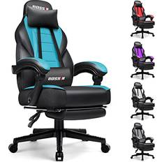 BOSSIN BOSSIN Blue Massage Gaming Chair, Leather Computer Desk Chair with Footrest and Headrest, Ergonomic Heavy Duty Design, Large Size High-Back E-Sports, Big and Tall Gaming Chair