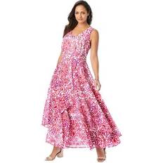 Jessica London Long Dresses Jessica London Plus Women's Georgette Flyaway Maxi Dress in Pink Burst Painted Scroll Size W