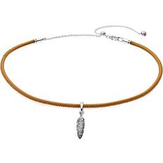 Leer Kettingen Pandora Choker With Feather Charm Necklace - Silver/Golden Tan Leather