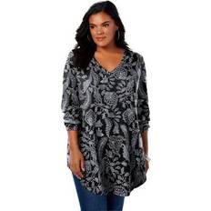 Paisley Clothing Roaman's Plus V-Neck Thermal Tunic by in Black Folk Paisley Size 22/24 Long Sleeve Shirt