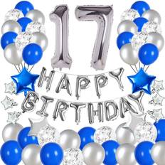 Blue Number Balloons "Blue and Silver 17th Birthday Party Decorations Set- Silver Happy Birthday Banner,Foil Number Balloons, Latex Balloons and More for 17 Years Old Brithday Party Supplies"