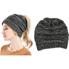 Elastane/Lycra/Spandex - Women Beanies Soft Stretch Textured Knit Ponytail Beanie BROWN