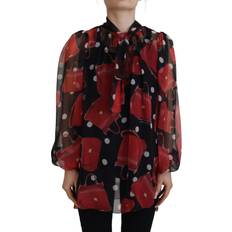 Dolce & Gabbana Black Blouses Dolce & Gabbana Black Red Sicily Bag Silk Shirt Top Blouse