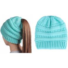 Elastane/Lycra/Spandex Beanies Soft Stretch Textured Knit Ponytail Beanie AQUA