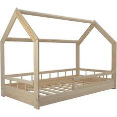 PQP Kinderbett hausbett spielbett abenteuerbett naturholz + absturzsicherung 160x80 Einzelbett