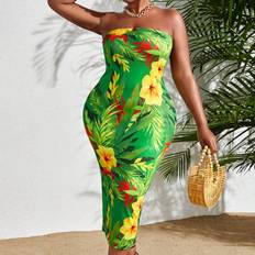 5XL - Women Dresses Shein Plus Tropical Print Strapless Dress