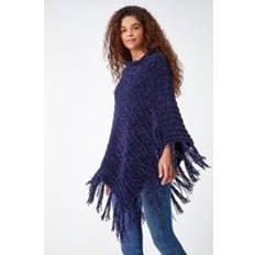 Blue - Women Capes & Ponchos Roman One Chenille Tassel Trim Poncho Midnight