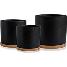 Matt Black Set 3 Ceramic Plant Pots Bamboo