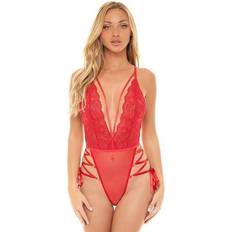 Red Bodysuits OH LÀ LÀ CHÉRI Women's Sloane Plunging Bodysuit 52-11761, Small-Medium, Red