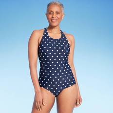 Lands' End XL Swimsuits Lands' End Women's UPF Full Coverage Polka Dot High Neck Tugless One Piece Swimsuit Navy Blue