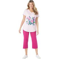 Clothing Woman Within Plus Two-Piece V-Neck Tunic & Capri Set in Pink Tropical Placement Size 3X