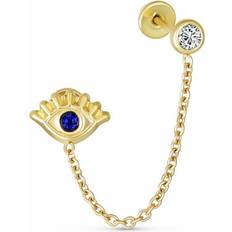 Gold - Unisex Earrings Bling Jewelry Genuine 14K Yellow Gold CZ Evil Eye Double Chain Stud Earring 1pc