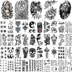 Cosmetics Zayvor 45Sheets Temporary Tattoos for Women Men,3D Waterproof Tiny Black Handrawn Tattoos,Fake Body Face Arm Chest Shoulder Foot Tattoos, Skull Tribal Maori Tiger Lion Realistic Temp Tattoo Sticker Set