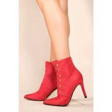 Gold Boots Where's That From 4, Red Womens Pointed Toe Mid Heel Ankle Boots With Gold Buttons