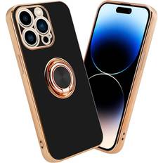 Cadorabo Glossy Black Gold Case for Apple iPhone 14 PRO with ring Protective Cover made of flexible TPU silicone, with protection and magnetic car holder