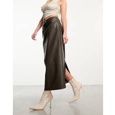 NA-KD faux leather midi skirt in dark olive-Green38