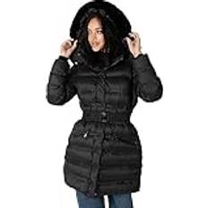 Lovedrobe Women's Winter Jacket Ladies Coat Quilted Puffa Padded Belted Pockets with Faux Fur Trim Puffer Outerwear, Schwarz