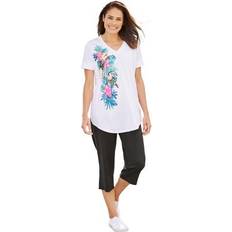 Woman Within Clothing Woman Within Plus Two-Piece V-Neck Tunic & Capri Set in White Multi Tropical Size 1X