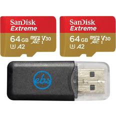 SanDisk SanDisk Extreme UHS-1 U3 V30 A2 64GB MicroSD 2 Pack Memory Card for GoPro Hero 10 Black Action Cam Hero10 SDXC SDSQXA2-064G-GN6MN Bundle with 1 Everything But Stromboli Micro SD Card Reader