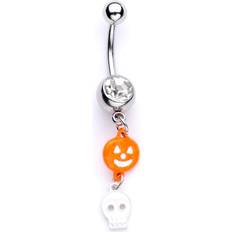 Women Piercings Body Candy Womens 14G Steel Navel Ring Piercing Clear Accent Orange Pumpkin Skull Dangle Belly Button Ring