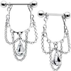 Body Chains Body Candy Stainless Steel Clear Teardrop Chain Dangle Nipple Ring Set of Gauge 5/8"