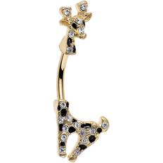 Women Piercings Body Candy Gold PVD Steel Clear Accent Black Spots Giraffe Double Mount Belly Ring