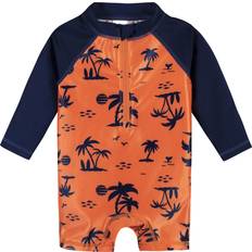 Children's Clothing Gerber Gerber Boys' Toddler Long Sleeve One Piece Sun Protection Rashguard Swimsuit, Orange Beach, 4T