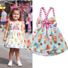 Dresses Elf Baby Girls Summer Sleeveless Dress Ice Cream Print Bowknot Halter Sundress Kids Cross Strap Lace-up Princess Skirts