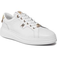 Tommy Hilfiger Leather TH Monogram Court Trainers WHITE/GOLD