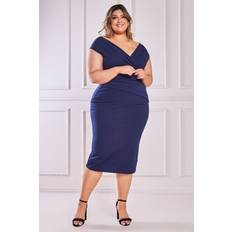 Clothing Goddiva Womens Scuba Bardot Pleated Midi Dress Navy